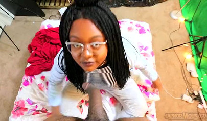 Cute and chubby black chick gives a wet and messy blowjob before being pounded