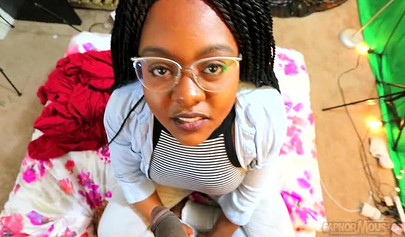 Cute and chubby black chick gives a wet and messy blowjob before being pounded