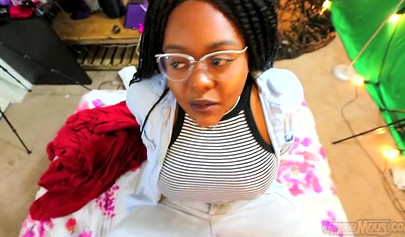 Cute and chubby black chick gives a wet and messy blowjob before being pounded