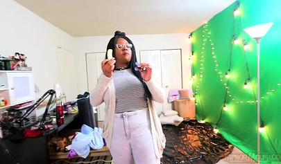 Cute and chubby black chick gives a wet and messy blowjob before being pounded