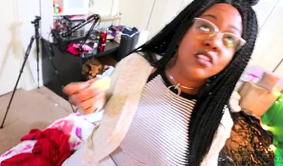 Cute and chubby black chick gives a wet and messy blowjob before being pounded