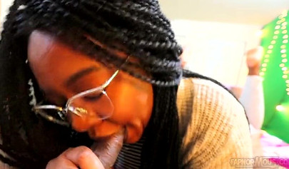 Cute and chubby black chick gives a wet and messy blowjob before being pounded