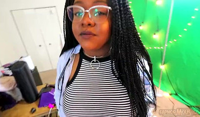 Cute and chubby black chick gives a wet and messy blowjob before being pounded