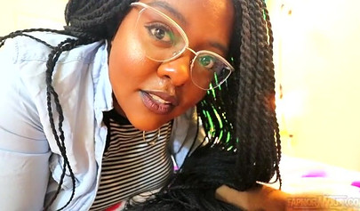 Cute and chubby black chick gives a wet and messy blowjob before being pounded