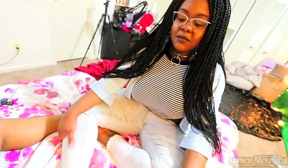 Cute and chubby black chick gives a wet and messy blowjob before being pounded