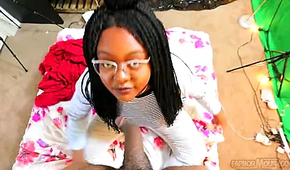 Cute and chubby black chick gives a wet and messy blowjob before being pounded