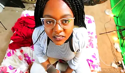 Cute and chubby black chick gives a wet and messy blowjob before being pounded