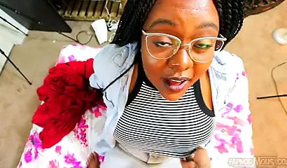 Cute and chubby black chick gives a wet and messy blowjob before being pounded