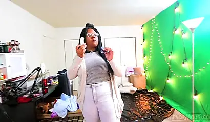 Cute and chubby black chick gives a wet and messy blowjob before being pounded