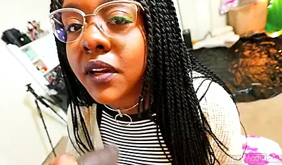 Cute and chubby black chick gives a wet and messy blowjob before being pounded