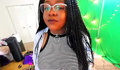 Cute and chubby black chick gives a wet and messy blowjob before being pounded