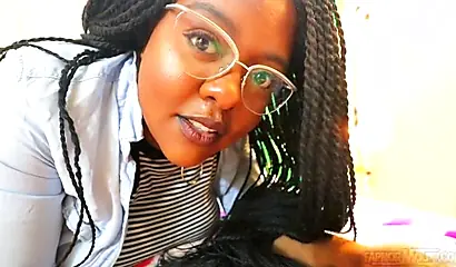 Cute and chubby black chick gives a wet and messy blowjob before being pounded