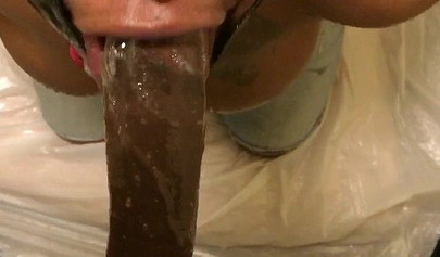 Horny and kinky masked black chick deepthroats and chokes on a massive hard dick