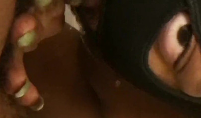 Horny and kinky masked black chick deepthroats and chokes on a massive hard dick