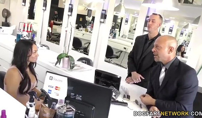 Gorgeous black chick Bethany Benz sucks two hard cocks before being spit roasted