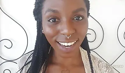 Stunning black chick in sexy kimono spreads her legs and fingers her wet pussy