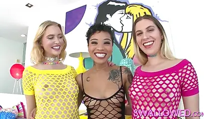 Petite ebony and two naughty blondes give a sloppy triple blowjob to a fat dick