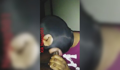 Lusty black amateur chick wears a mask and gives a long wet and sloppy blowjob
