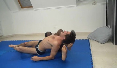 Athletic ebony strips naked to wrestle and subdue her white man into obedience