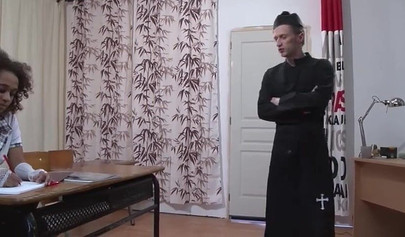 Black teen babe in uniform sucks a rock hard dick and rides it in the classroom