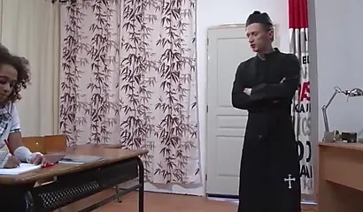 Black teen babe in uniform sucks a rock hard dick and rides it in the classroom