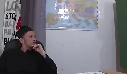 Black teen babe in uniform sucks a rock hard dick and rides it in the classroom