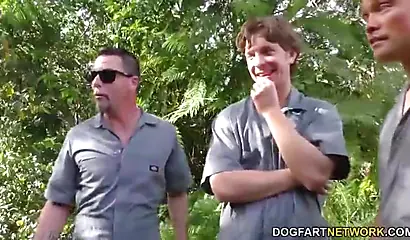 Ebony babe is gangbanged by five guys as she is facefucked and banged in the ass