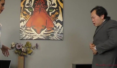 Dominant black MILF makes her employee drop on his knees to lick her fat ass