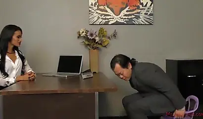 Dominant black MILF makes her employee drop on his knees to lick her fat ass