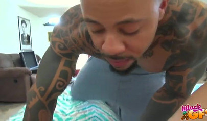 Teen ebony babe with big boobs and fat ass gives a blowjob before riding a shaft