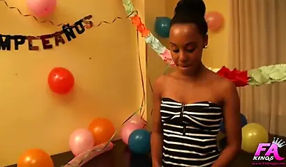 Slim ebony teen takes on two well-hung white boys in her party and gets a facial