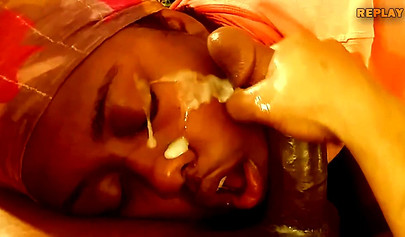 Chubby black amateur gives long and sloppy blowjob before receiving a messy facial