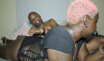 Chubby ebony amateur with short pink hair loves having her cunt teased and railed