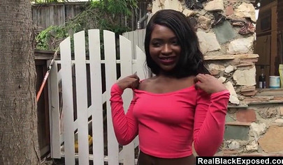 Adorable ebony with a slim body and tiny tits loves sucking cock before riding it