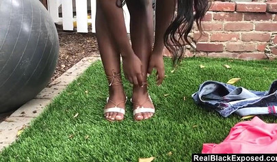 Adorable ebony with a slim body and tiny tits loves sucking cock before riding it