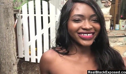 Adorable ebony with a slim body and tiny tits loves sucking cock before riding it