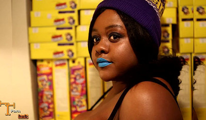 Cute and chubby black chick uses vibrator on her cunt before riding a stiff shaft