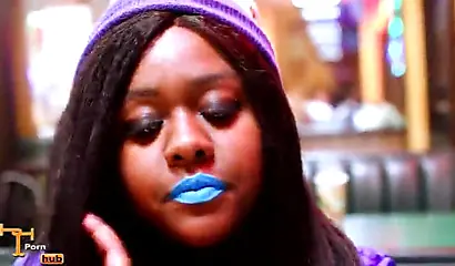 Cute and chubby black chick uses vibrator on her cunt before riding a stiff shaft