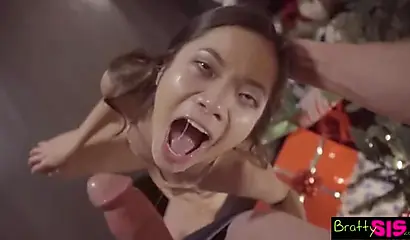 Exotic ebony teenie chokes on a massive white shaft before being fucked balls deep