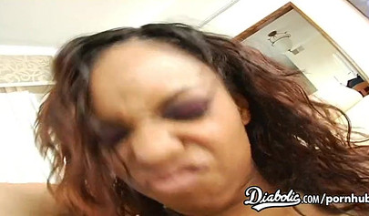 Lusty black chick Marie Luv fucked in all of her holes at once by three big dicks