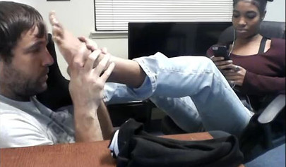 Cute and skinny college ebony chick teases her man with her petite and sexy soles