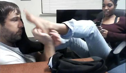 Cute and skinny college ebony chick teases her man with her petite and sexy soles