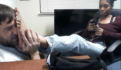 Cute and skinny college ebony chick teases her man with her petite and sexy soles