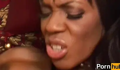 Glamorous black babe with perfect tits gives her butler a blowjob and rides him