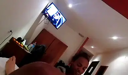 Two beautiful ebony babes give an erotic double blowjob before being fucked hard