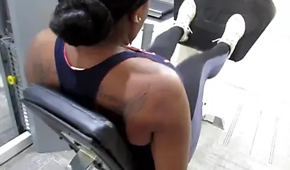 Thick black babe with big curves and massive ass works out then showers and fucks