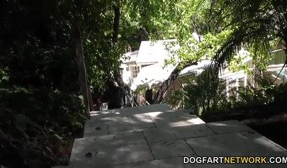 Riley Reid dominated and fucker rough by two sexy ebony babes with huge strapons