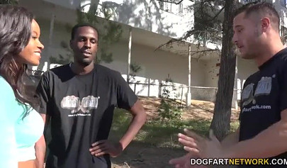 Beautiful black chick Jezabel Vessir impaled on a huge white cock after sucking it