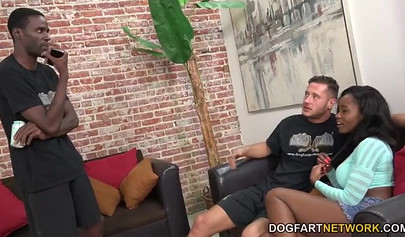 Beautiful black chick Jezabel Vessir impaled on a huge white cock after sucking it