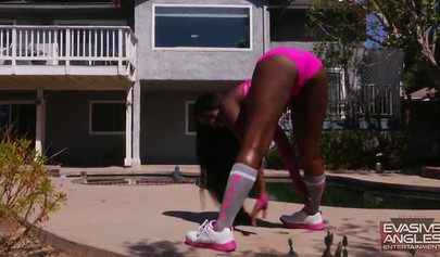 Curvy ebony with big tits and round ass chokes on a big black cock before fucking